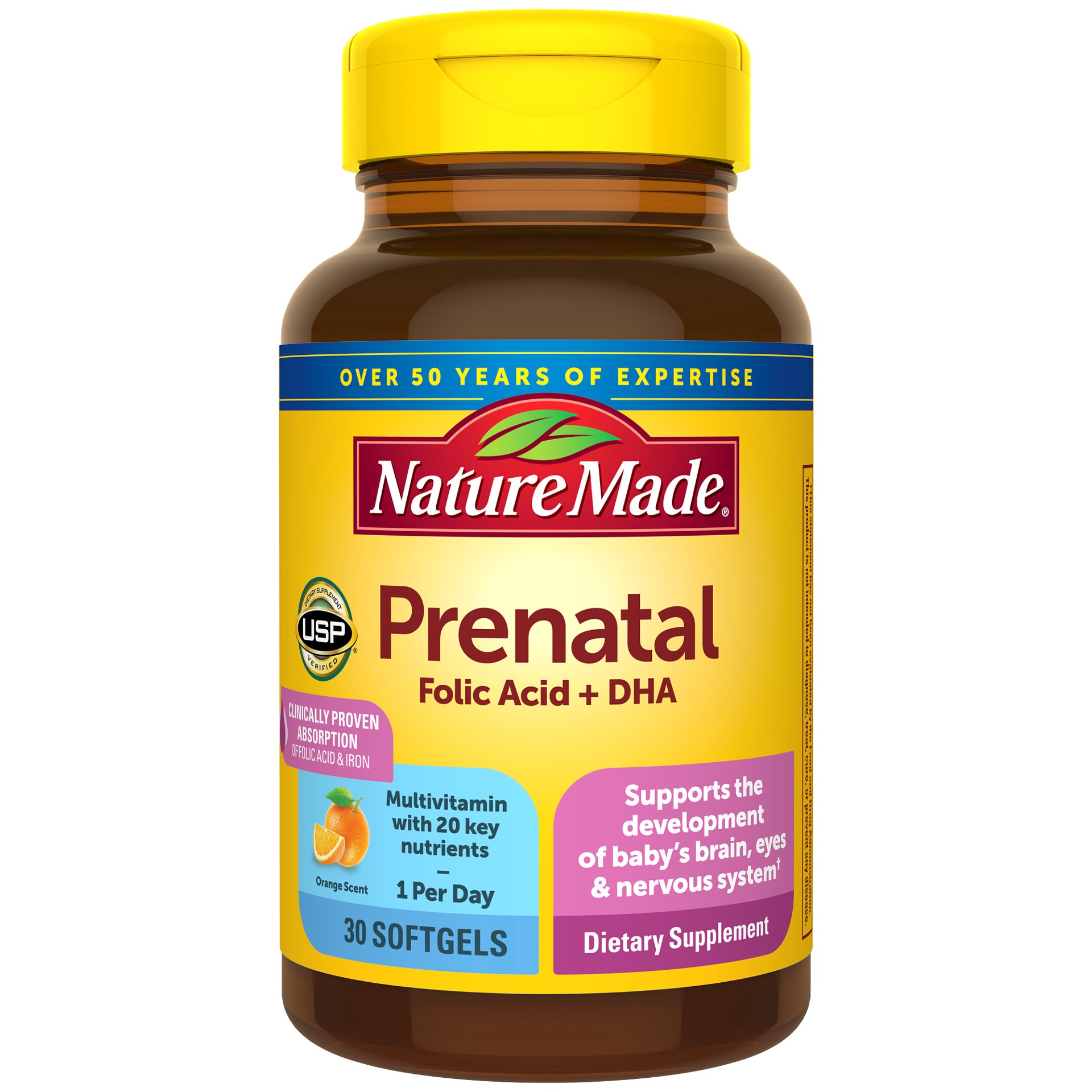 slide 1 of 8, Nature Made Prenatal with Folic Acid + DHA, Dietary Supplement for Daily Nutritional Support, 30 Softgels, 30 Day Supply, 30 ct