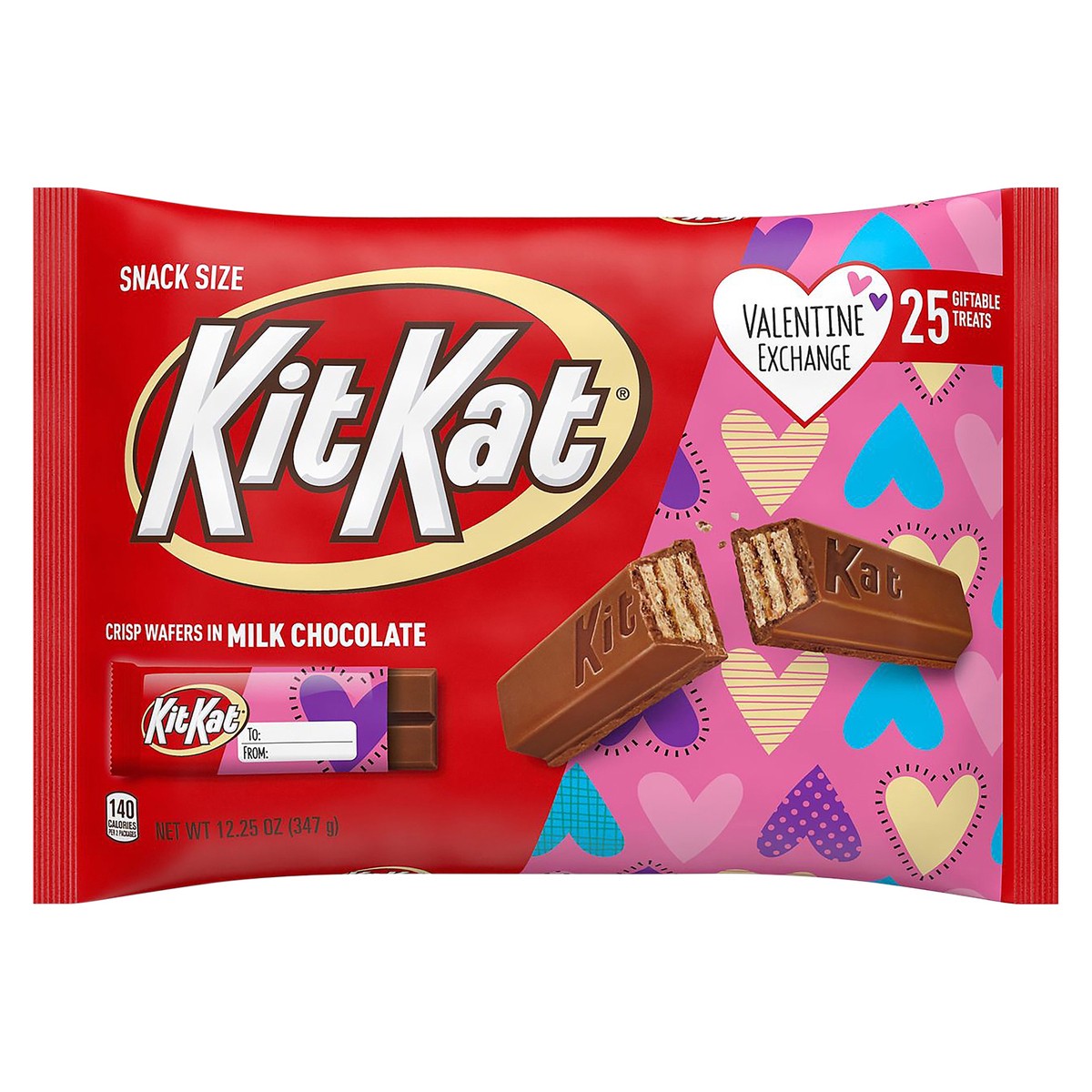 slide 1 of 8, KIT KAT Valentine Exchange Milk Chocolate Wafer Snack Size Candy, Valentine's Day, 12.25 oz, Bag (25 Count), 25 ct