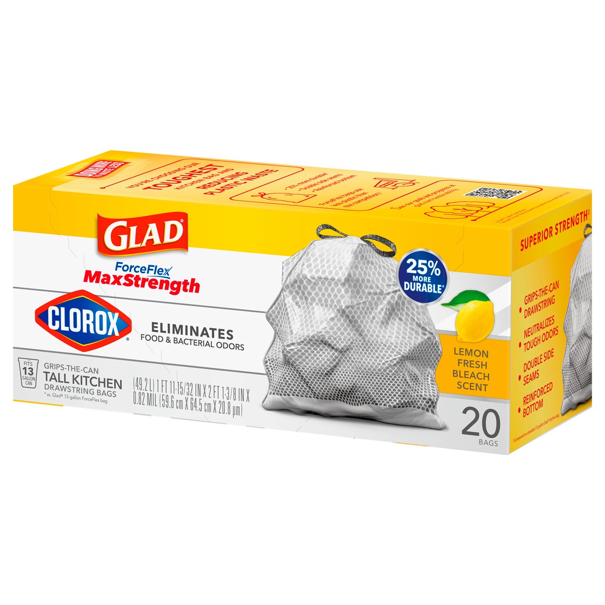 slide 4 of 8, Glad ForceFlex MaxStrength with Clorox Tall Kitchen Drawstring Trash Bags, 13 Gallon Grey Trash Bags, Lemon Fresh Bleach Scent, 20 Count, 20 ct