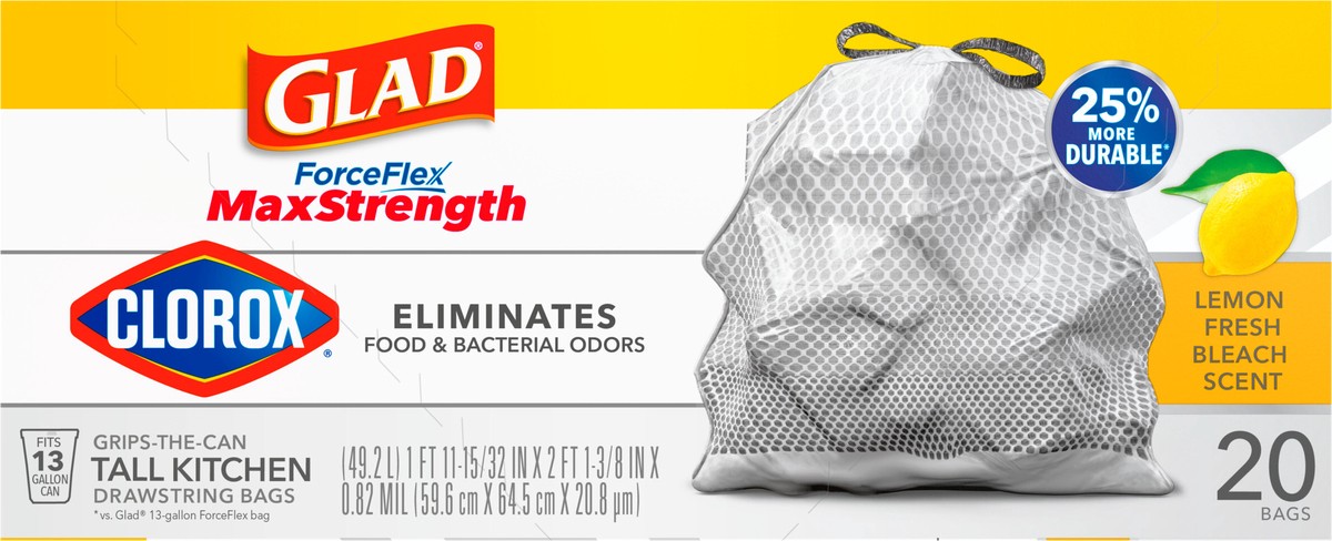 slide 2 of 8, Glad ForceFlex MaxStrength with Clorox Tall Kitchen Drawstring Trash Bags, 13 Gallon Grey Trash Bags, Lemon Fresh Bleach Scent, 20 Count, 20 ct