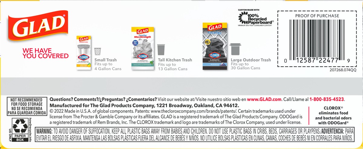 slide 8 of 8, Glad ForceFlex MaxStrength with Clorox Tall Kitchen Drawstring Trash Bags, 13 Gallon Grey Trash Bags, Lemon Fresh Bleach Scent, 20 Count, 20 ct