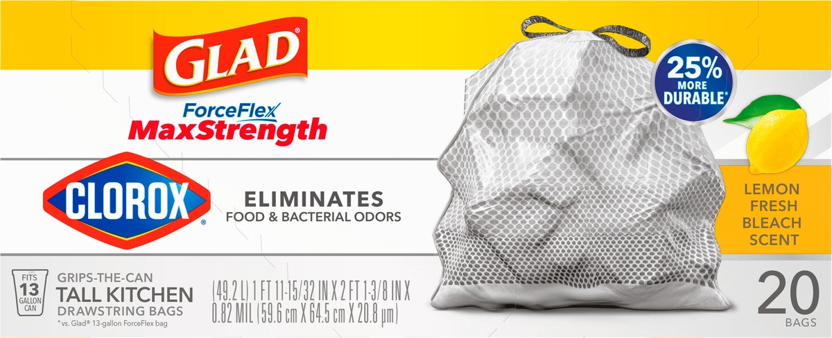 slide 6 of 8, Glad ForceFlex MaxStrength with Clorox Tall Kitchen Drawstring Trash Bags, 13 Gallon Grey Trash Bags, Lemon Fresh Bleach Scent, 20 Count, 20 ct