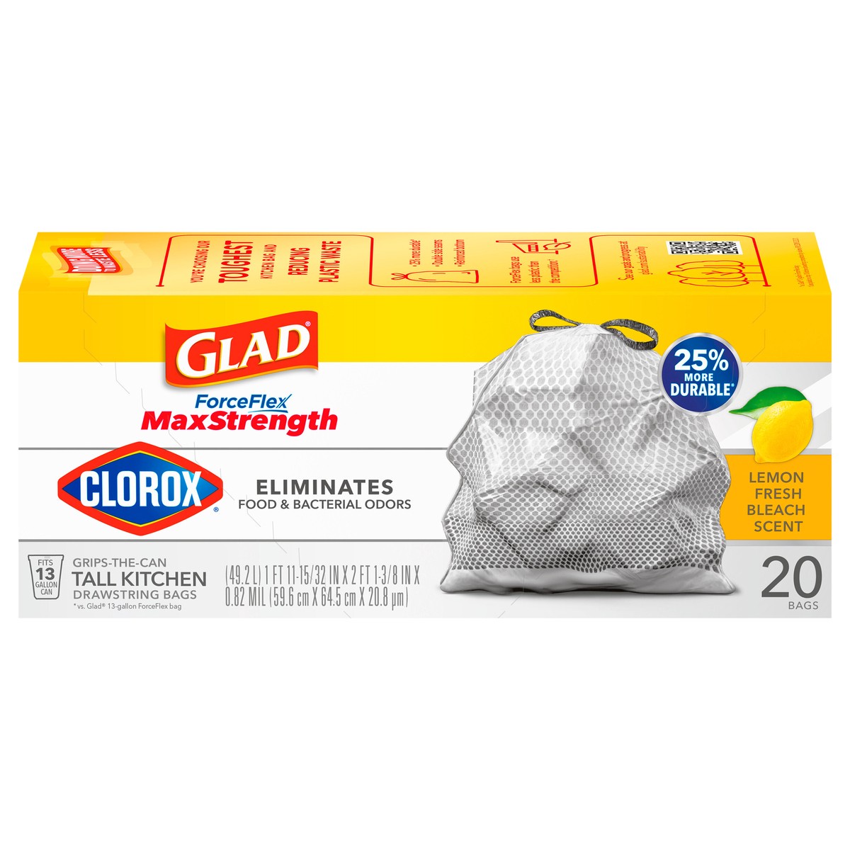 slide 1 of 8, Glad ForceFlex MaxStrength with Clorox Tall Kitchen Drawstring Trash Bags, 13 Gallon Grey Trash Bags, Lemon Fresh Bleach Scent, 20 Count, 20 ct