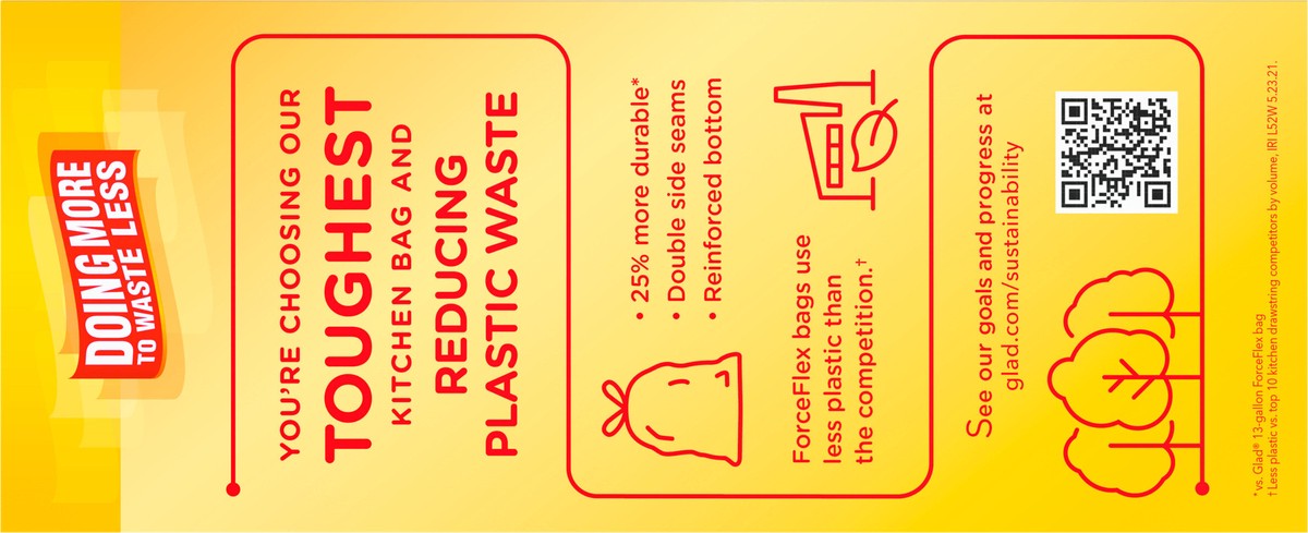slide 7 of 8, Glad ForceFlex MaxStrength with Clorox Tall Kitchen Drawstring Trash Bags, 13 Gallon Grey Trash Bags, Lemon Fresh Bleach Scent, 20 Count, 20 ct