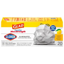 Glad ForceFlex MaxStrength with Clorox Tall Kitchen Drawstring Trash Bags, 13 Gallon Grey Trash Bags, Lemon Fresh Bleach Scent, 20 Count