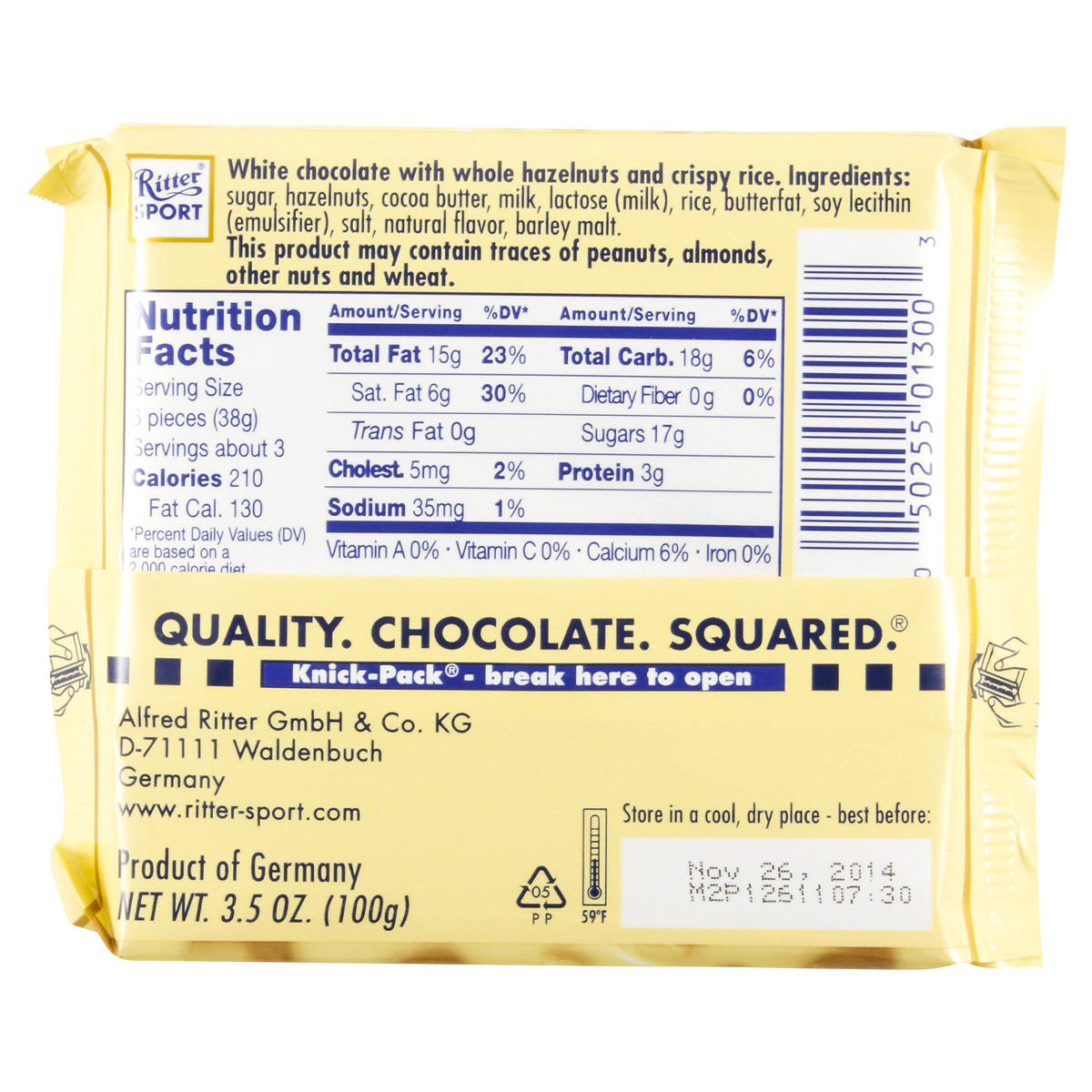 slide 2 of 2, Ritter Sport White Chocolate Hazelnut Candy Bar, 3.5 oz