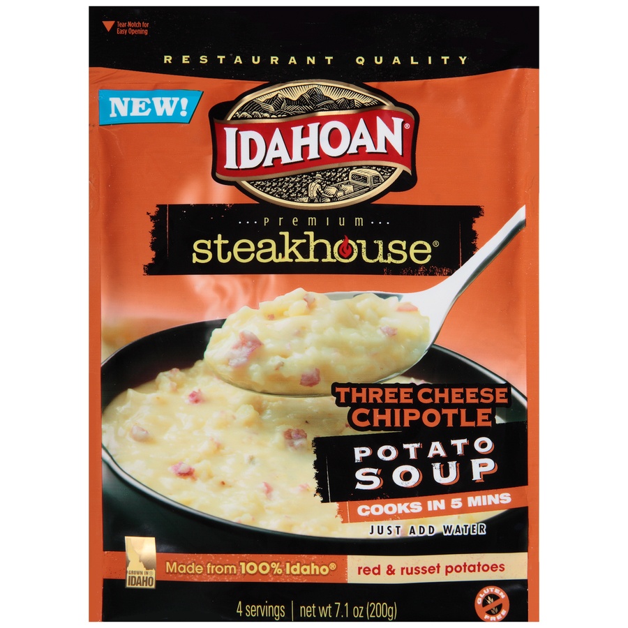 slide 1 of 6, Idahoan Premium Steakhouse Three Cheese Chipotle Potato Soup, 7.1 oz