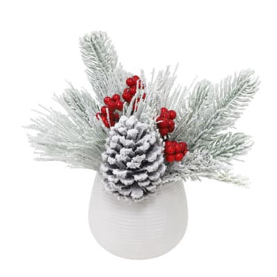slide 1 of 3, 9" Snowy Pinecone & Red Berry Arrangement In White Ceramic Pot By Ashland, 9 in x 9 in x 9 in