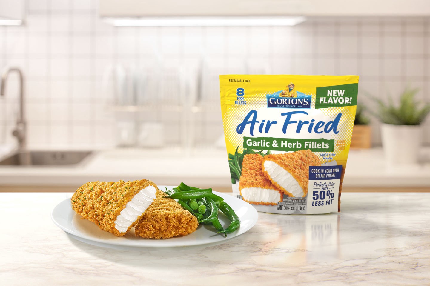 slide 5 of 5, Gorton's Gorton''s Air Fried Garlic & Herb Fish Fillets, Whole Fillets, Wild Caught Alaskan Pollock, 8 Count, 15.2 Ounce Resealable Bag, 8 ct