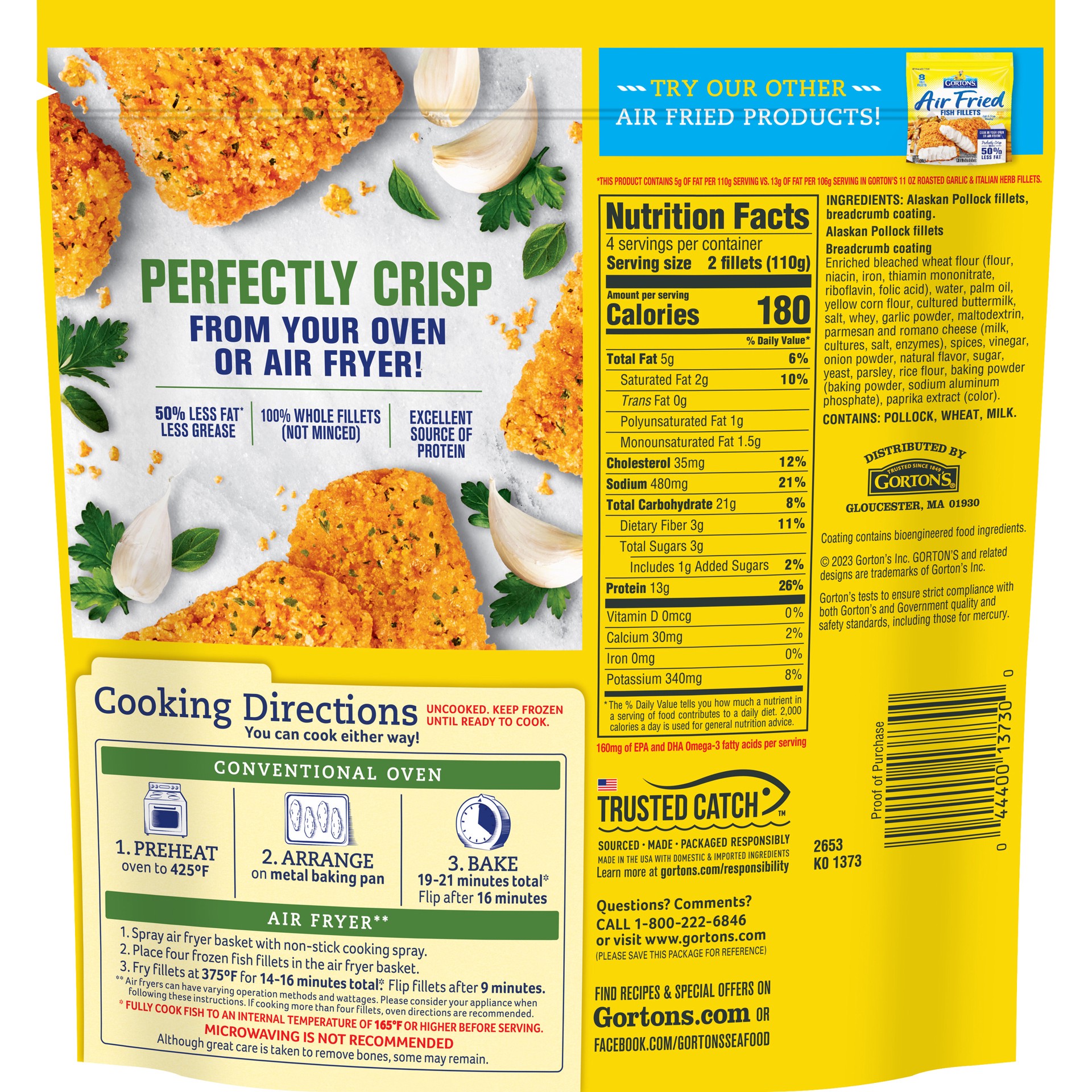 slide 3 of 5, Gorton's Gorton''s Air Fried Garlic & Herb Fish Fillets, Whole Fillets, Wild Caught Alaskan Pollock, 8 Count, 15.2 Ounce Resealable Bag, 8 ct