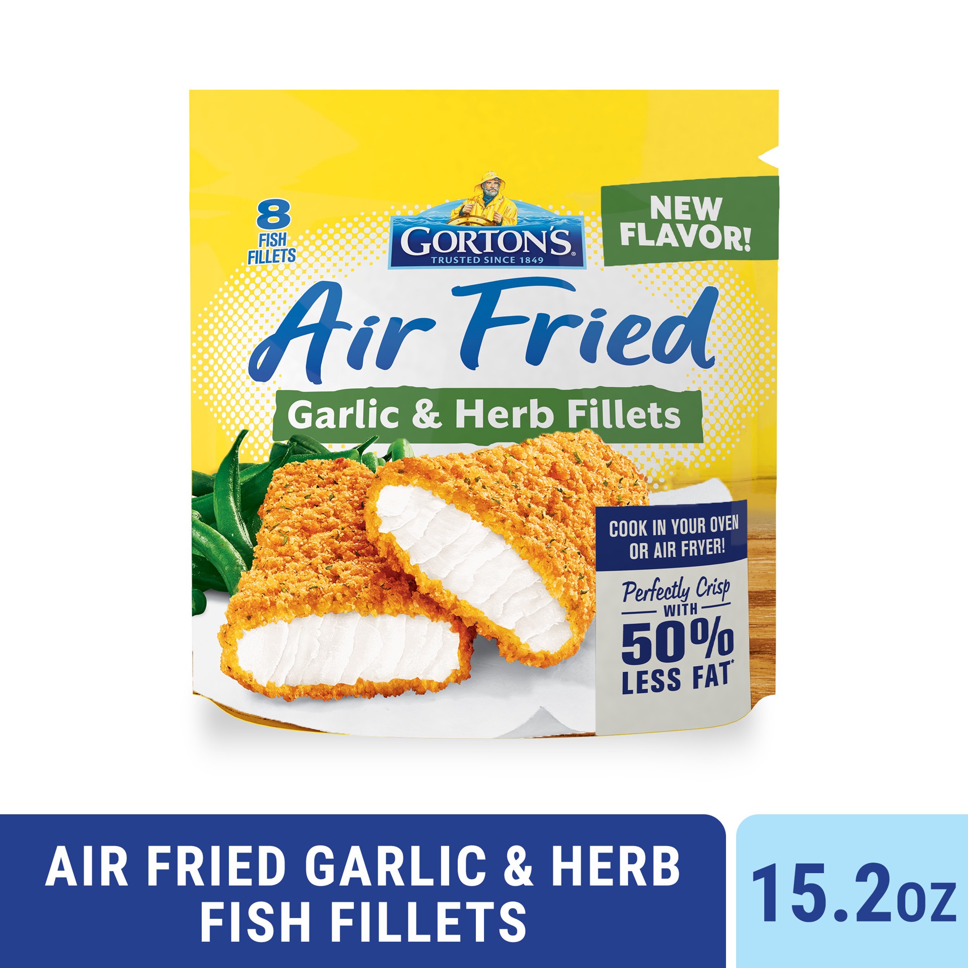 slide 1 of 5, Gorton's Gorton''s Air Fried Garlic & Herb Fish Fillets, Whole Fillets, Wild Caught Alaskan Pollock, 8 Count, 15.2 Ounce Resealable Bag, 8 ct