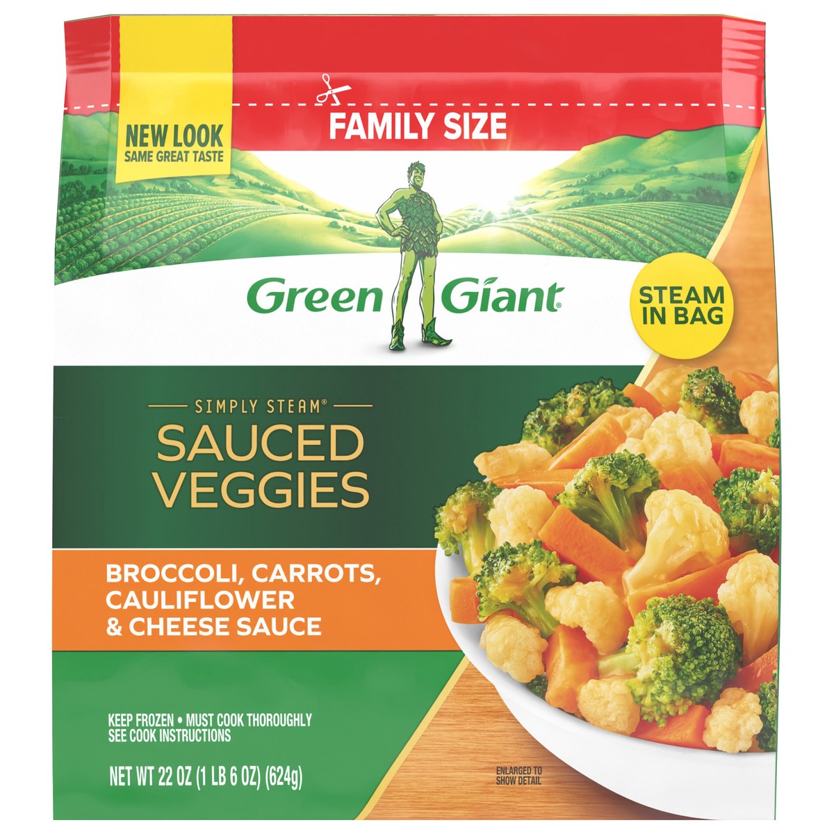 slide 1 of 12, Green Giant Simply Steam Sauced Veggies, Broccoli, Carrots, Cauliflower & Cheese Sauce Family Size, 22 oz, 22 oz