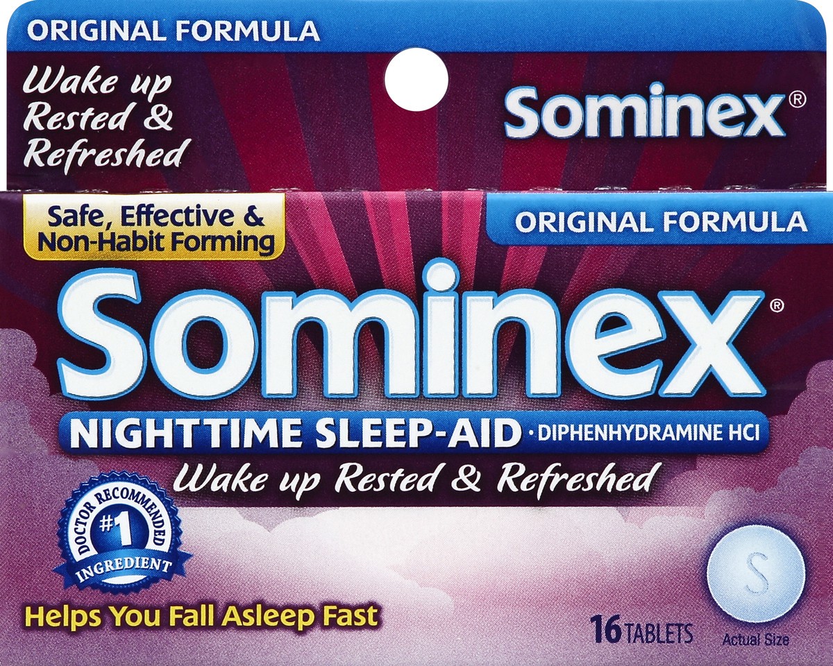 slide 3 of 4, Sominex Nighttime Sleep-Aid with Diphenhydramine HCl 25 mg | Original Formula | 16 Tablets, 16 ct