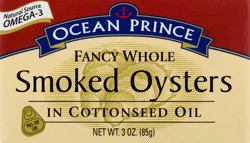 Ocean Prince Fancy Whole in Cottonseed Oil Smoked Oysters 3 oz