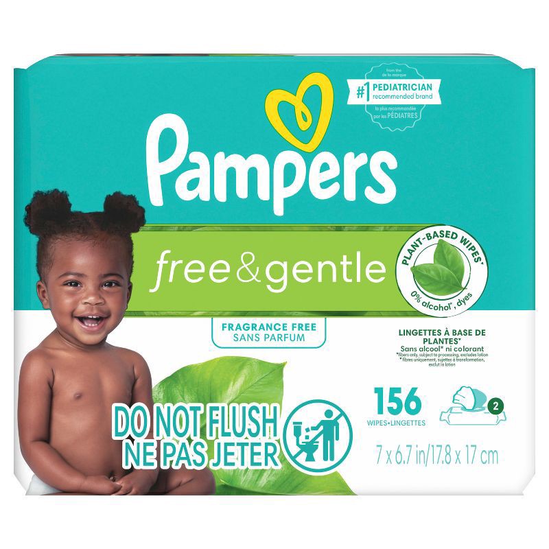 slide 9 of 11, Pampers Free & Gentle Baby Wipes, 99% Water, Hypoallergenic, Unscented, 100% Plant Based, Plastic-Free Baby Wipes, 156 Baby Wipes Total (2X Flip-Top Packs), 156 ct