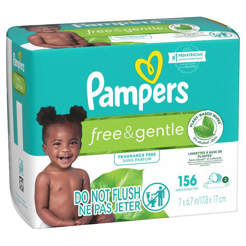 slide 6 of 11, Pampers Free & Gentle Baby Wipes, 99% Water, Hypoallergenic, Unscented, 100% Plant Based, Plastic-Free Baby Wipes, 156 Baby Wipes Total (2X Flip-Top Packs), 156 ct