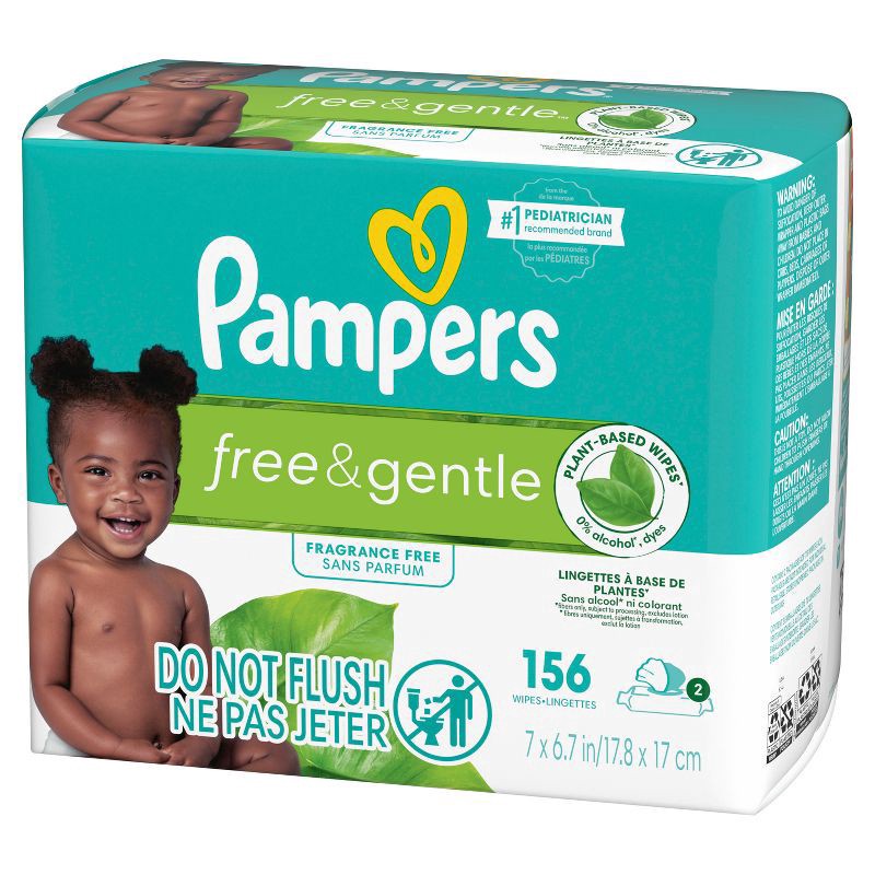 slide 8 of 11, Pampers Free & Gentle Baby Wipes, 99% Water, Hypoallergenic, Unscented, 100% Plant Based, Plastic-Free Baby Wipes, 156 Baby Wipes Total (2X Flip-Top Packs), 156 ct