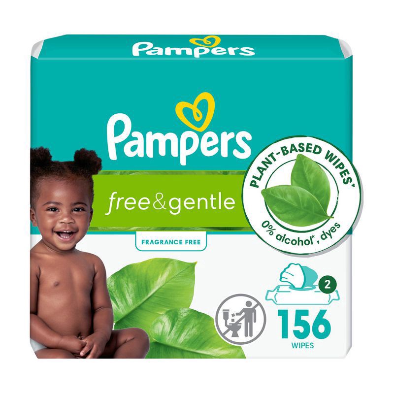 slide 1 of 11, Pampers Free & Gentle Baby Wipes, 99% Water, Hypoallergenic, Unscented, 100% Plant Based, Plastic-Free Baby Wipes, 156 Baby Wipes Total (2X Flip-Top Packs), 156 ct