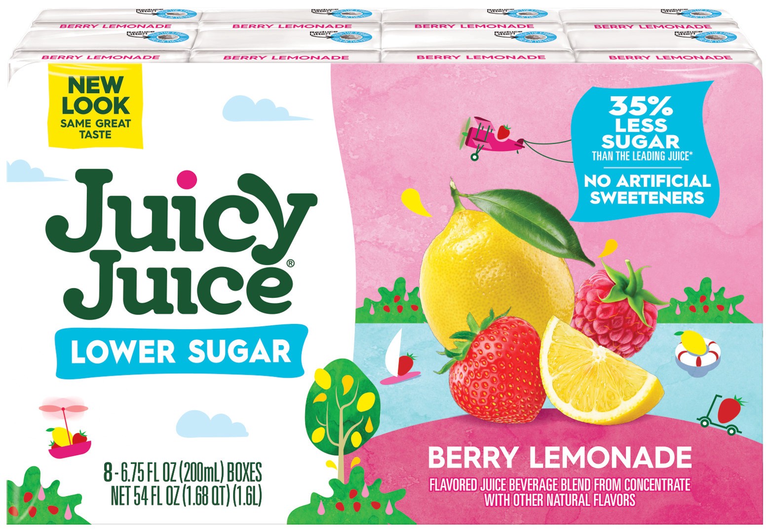 slide 1 of 9, Juicy Juice Lower Sugar, Berry Lemonade, 8 Count, 6.75 FL OZ Juice Boxes, 6.75 fl oz