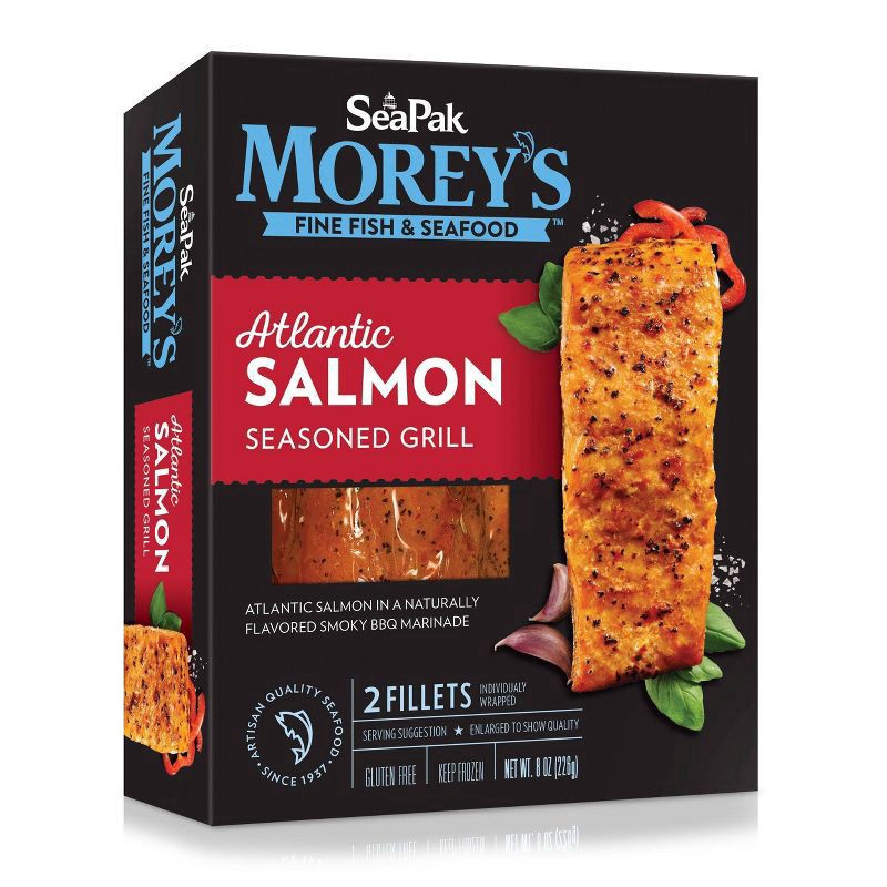 slide 1 of 3, Morey's SeaPak Morey's Fine Fish & Seafood Seasoned Grill Atlantic Salmon Fillets 2 ct Box, 8 oz
