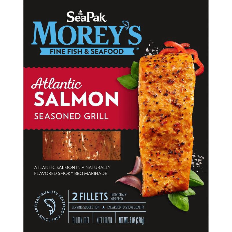 slide 3 of 3, Morey's SeaPak Morey's Fine Fish & Seafood Seasoned Grill Atlantic Salmon Fillets 2 ct Box, 8 oz