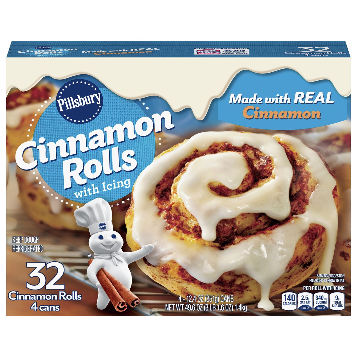 slide 1 of 14, Pillsbury Cinnamon Rolls with Icing, 32 Ct, 4 Cans, 49.6 oz, 4 ct