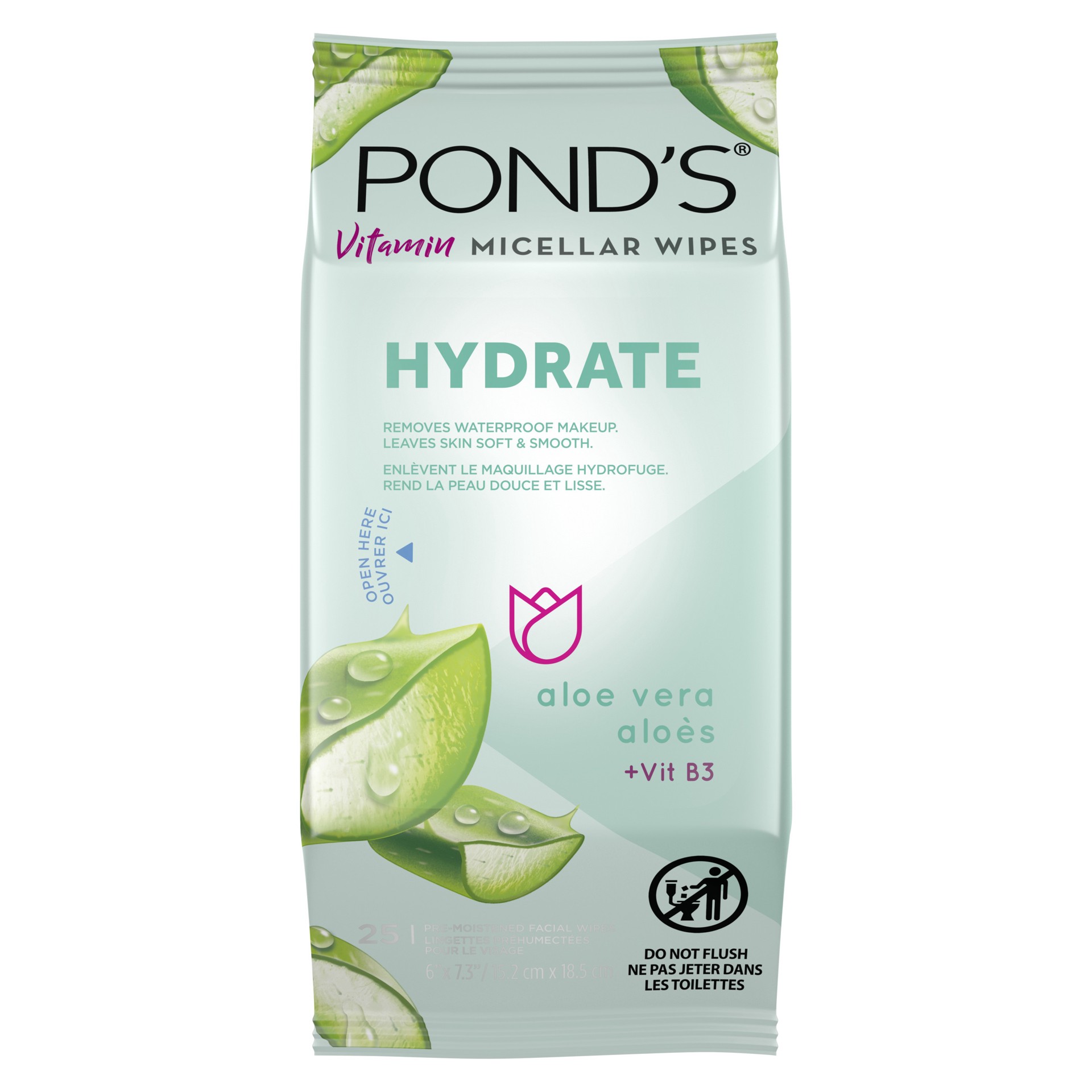 slide 1 of 10, Pond's Vitamin Micellar Wipes Hydrate Aloe Vera, 25 Wipes, 25 ct