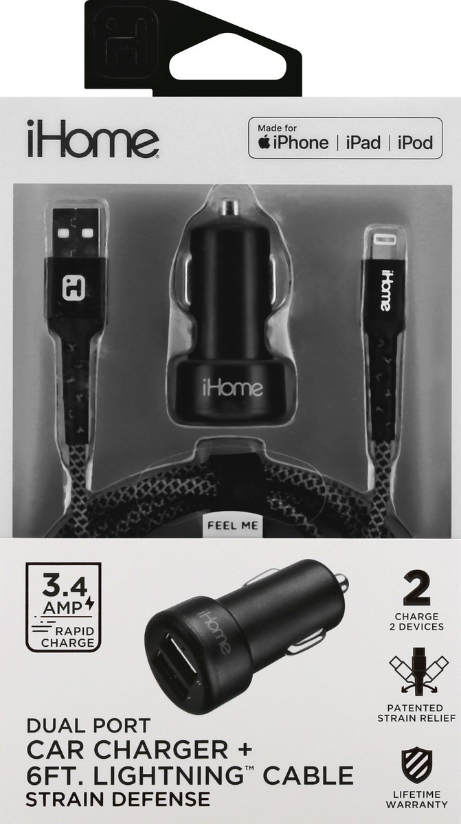 slide 4 of 11, iHome Dual Port Strain Defense Car Charger + Lightning Cable 1 ea, 1 ea