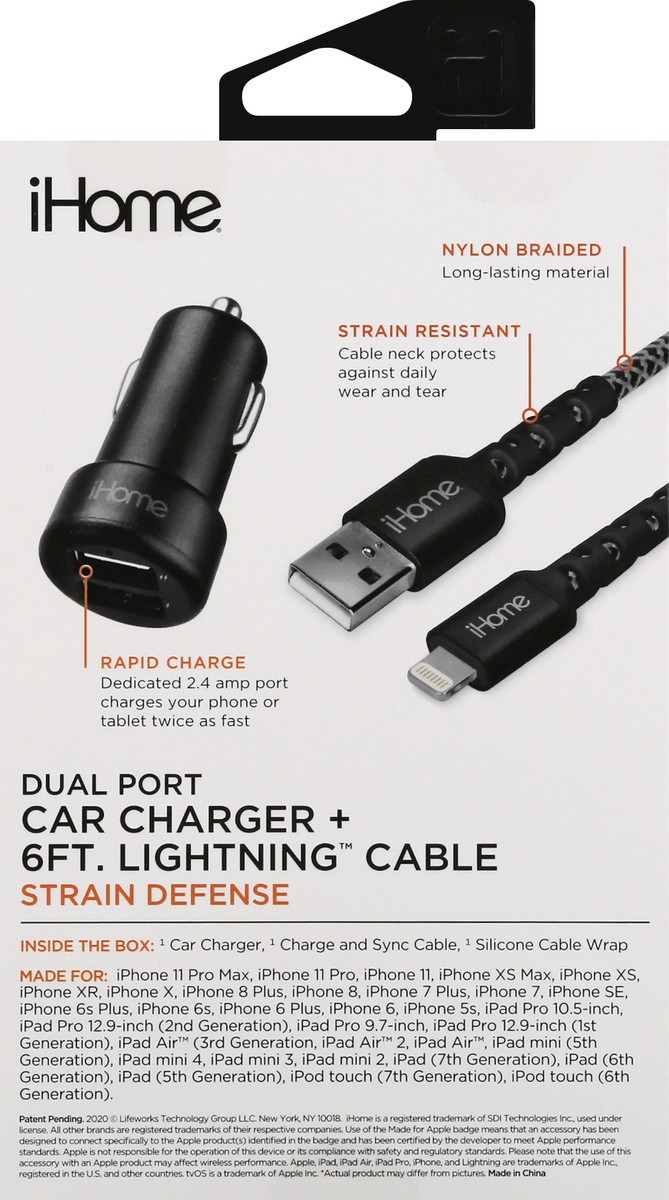 slide 10 of 11, iHome Dual Port Strain Defense Car Charger + Lightning Cable 1 ea, 1 ea