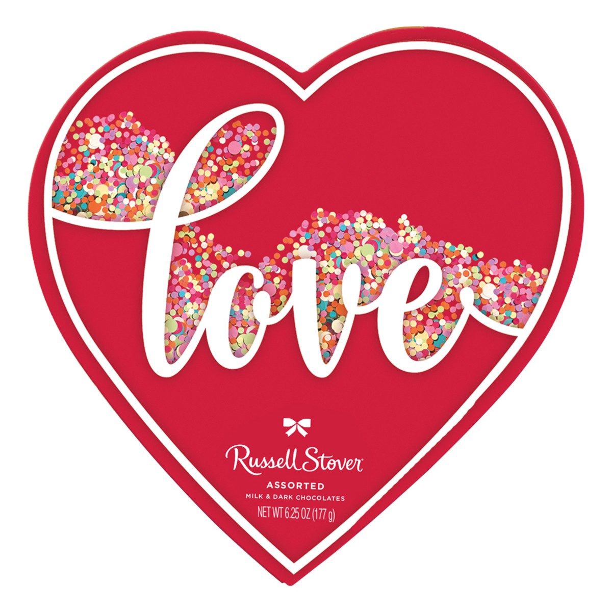 slide 1 of 9, Russell Stover Valentine's Day Love Confetti Heart Assorted Milk & Dark Chocolate Gift Box, 6.25 oz. (˜ 11 pieces), 6.25 oz