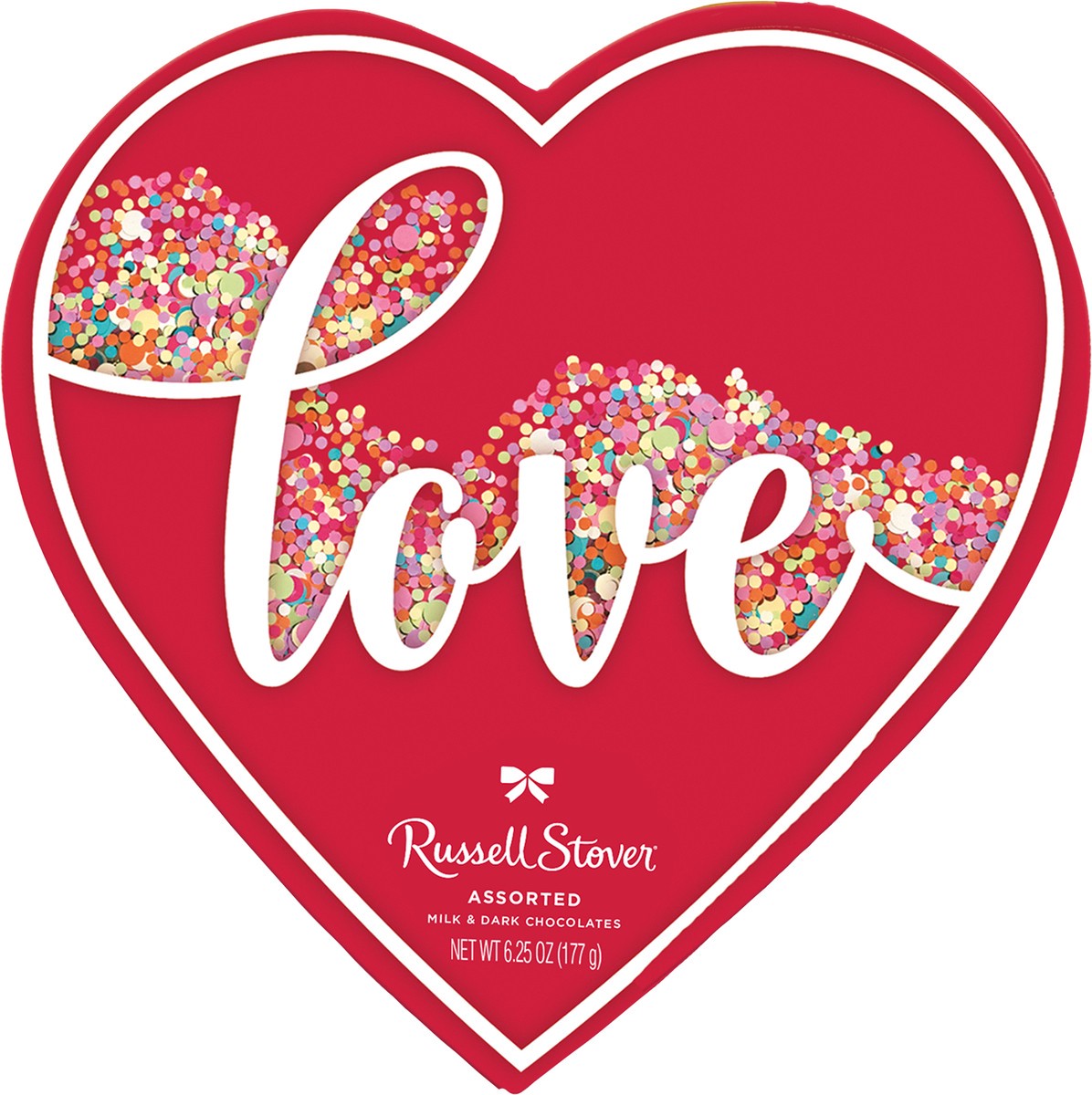 slide 2 of 9, Russell Stover Valentine's Day Love Confetti Heart Assorted Milk & Dark Chocolate Gift Box, 6.25 oz. (˜ 11 pieces), 6.25 oz