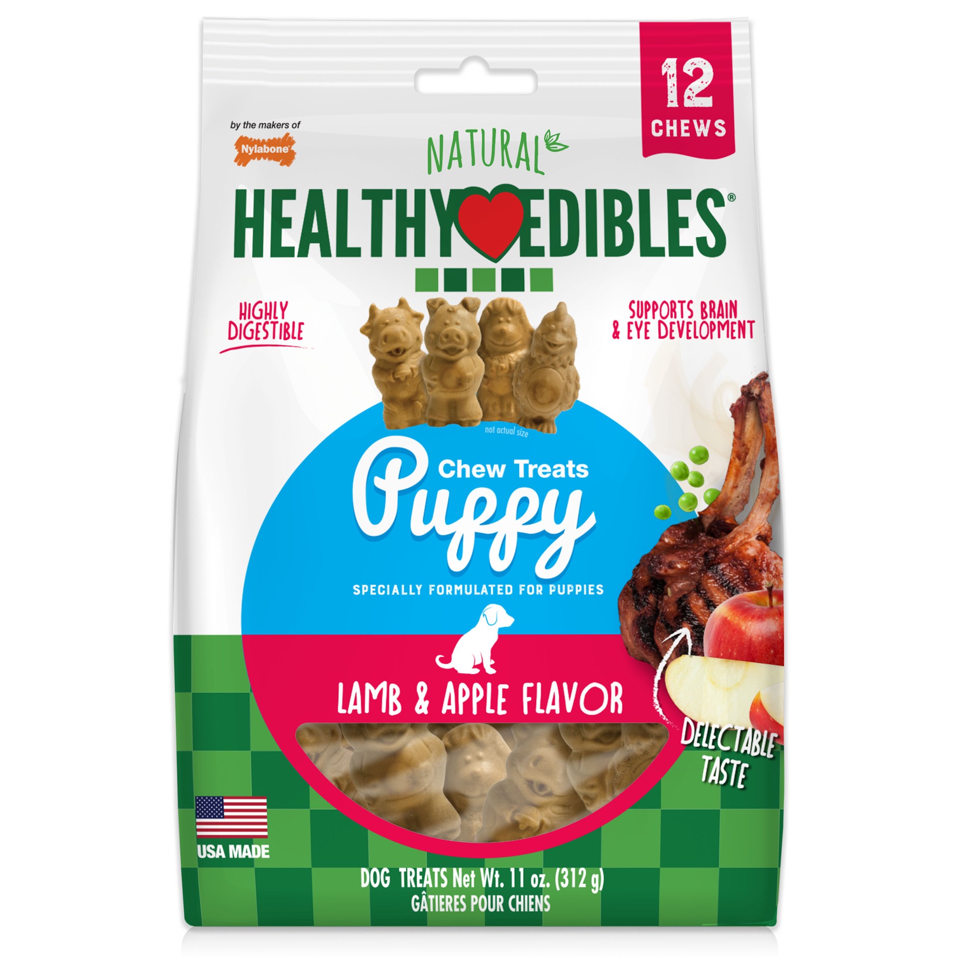 slide 1 of 10, Nylabone Healthy Edibles Puppy Animal-Shaped Lamb & Apple Dog Chew Treats Small/Regular - Up to 25 Ibs.(12 Count), 1 ct