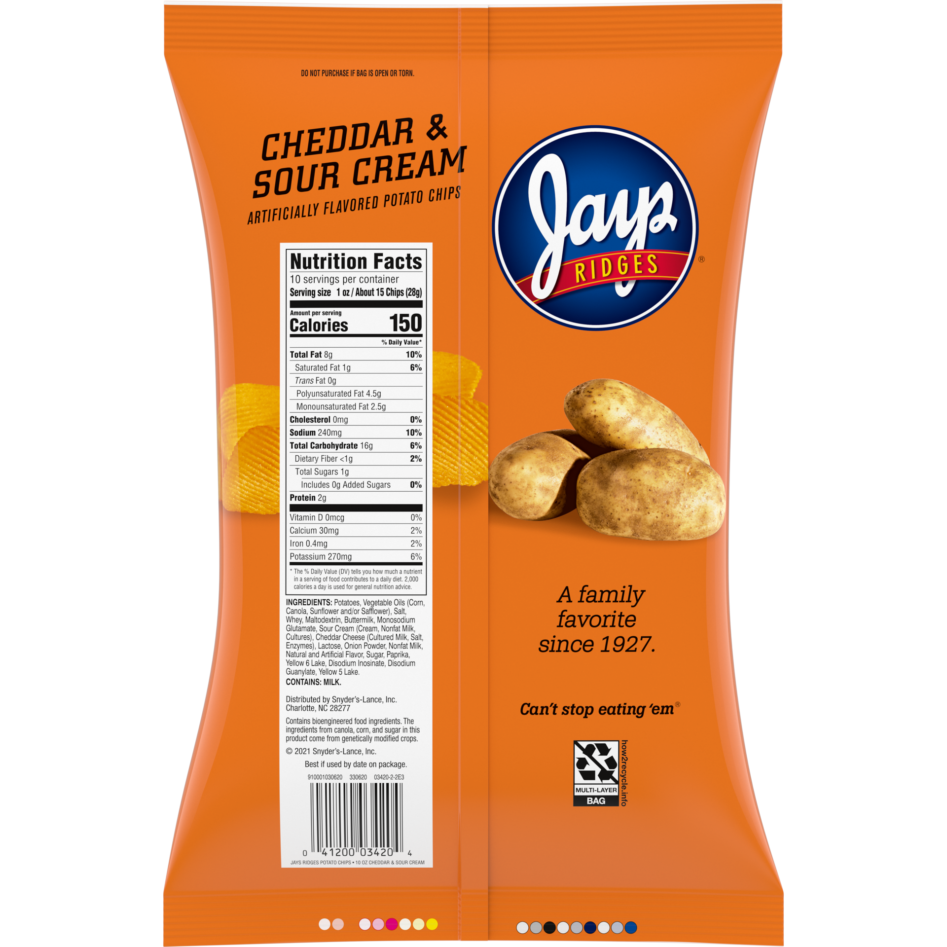slide 5 of 5, Jays Ridges Potato Chips, Cheddar and Sour Cream, 10 Oz Bag, 10 oz