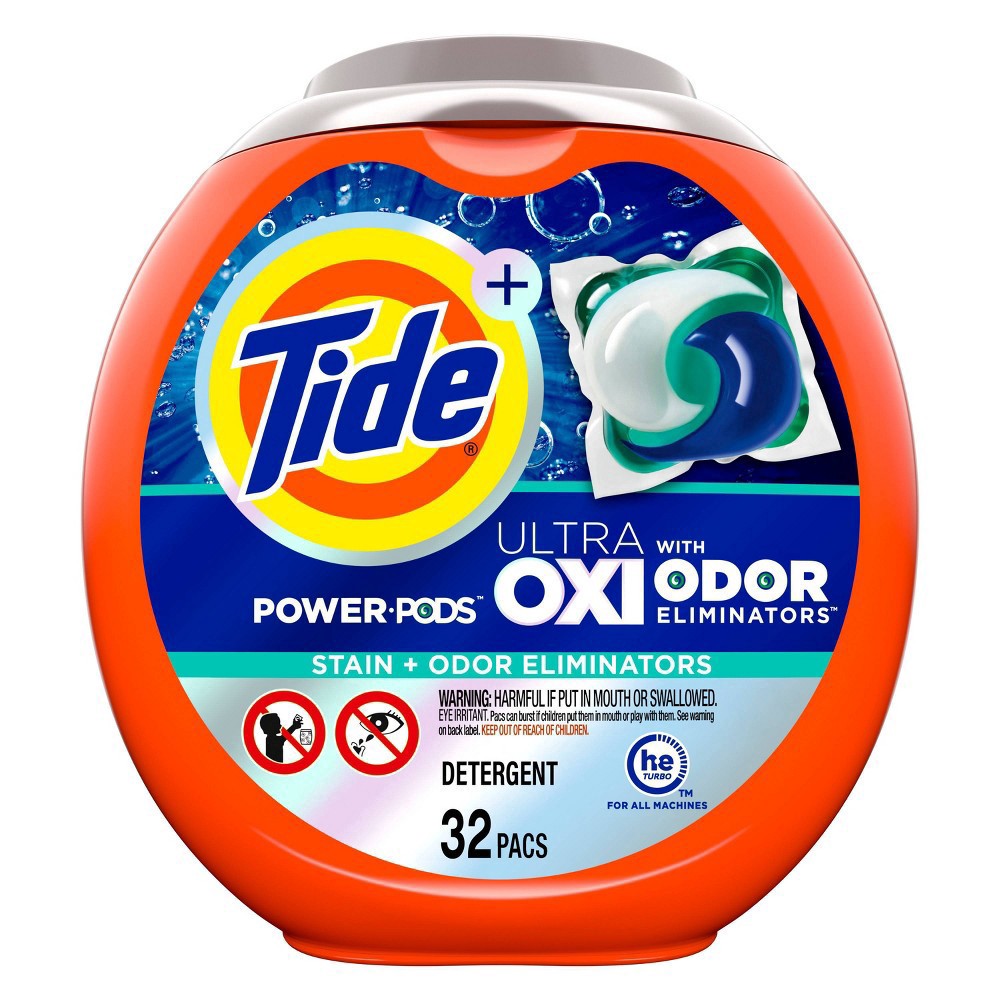 slide 5 of 9, Tide Ultra OXI Power PODS with Odor Eliminators Laundry Detergent Pacs, 32 Count, For Visible and Invisible Dirt, 32 ct