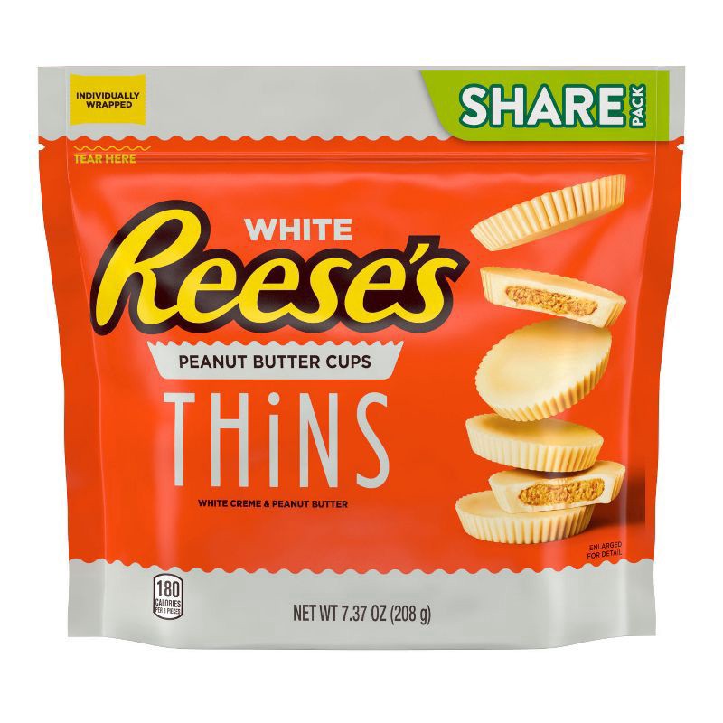 slide 1 of 56, REESE'S THiNS White Creme Peanut Butter Cups Candy, Individually Wrapped, 7.37 oz, Share Pack, 7.37 oz