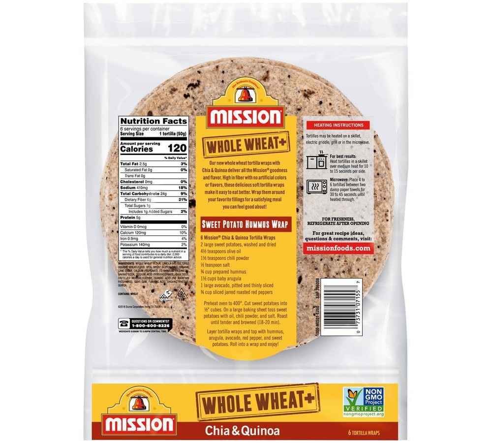 slide 2 of 2, Mission Whole Wheat Chia & Quinoa Tortilla Wraps, 6 ct; 1.75 oz