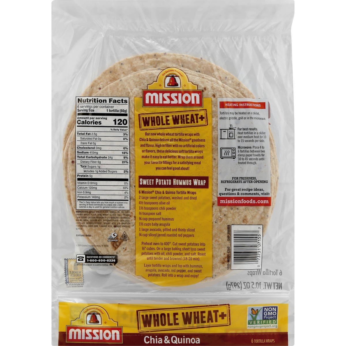 slide 8 of 8, Mission 8" Whole Wheat Chia & Quinoa Tortillas, 6 ct; 1.75 oz