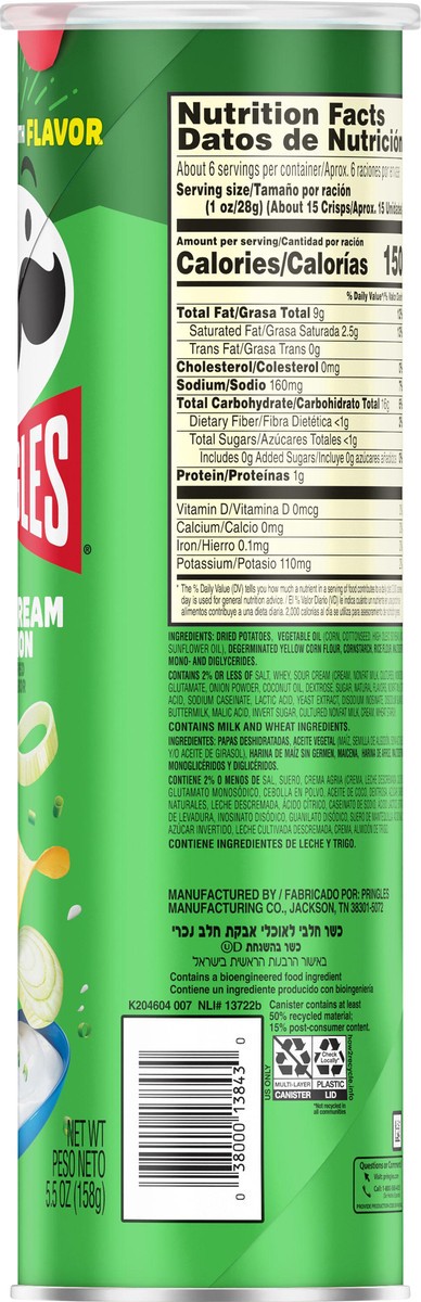 slide 5 of 8, Pringles Sour Cream and Onion Potato Crisps Chips, 5.5 oz
