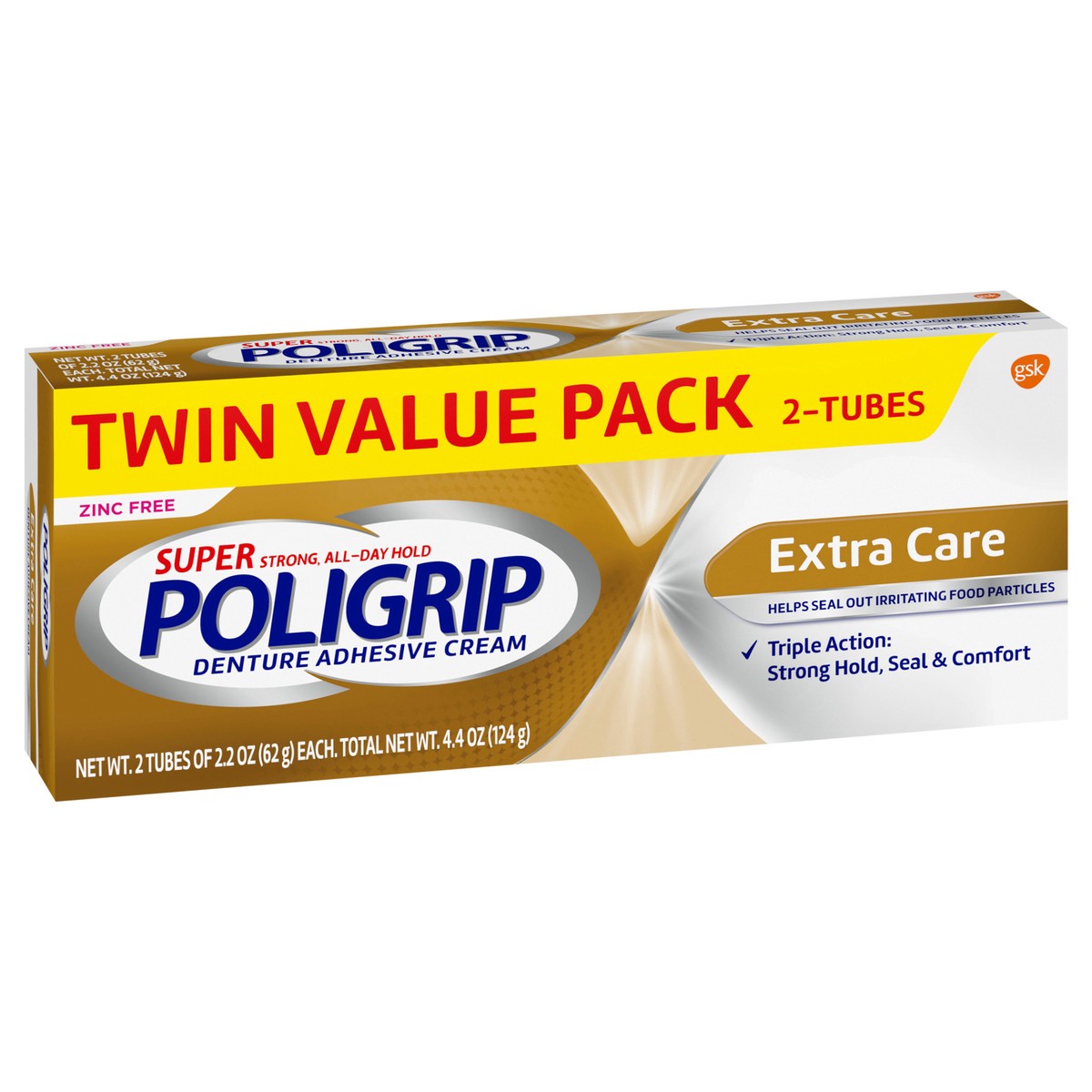 slide 2 of 9, Poligrip Super Poligrip Extra Care Zinc Free Denture and Partials Adhesive Cream, 2.2-ounce Twin pack, 2 ct