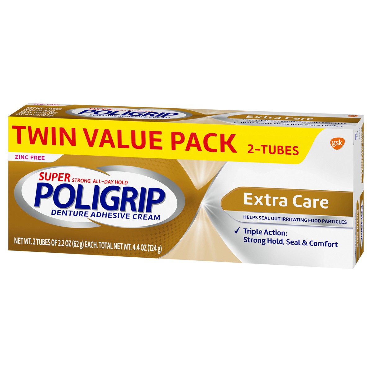 slide 3 of 9, Poligrip Super Poligrip Extra Care Zinc Free Denture and Partials Adhesive Cream, 2.2-ounce Twin pack, 2 ct