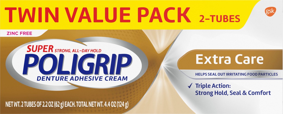 slide 6 of 9, Poligrip Super Poligrip Extra Care Zinc Free Denture and Partials Adhesive Cream, 2.2-ounce Twin pack, 2 ct