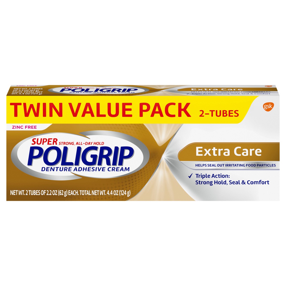 slide 1 of 9, Poligrip Super Poligrip Extra Care Zinc Free Denture and Partials Adhesive Cream, 2.2-ounce Twin pack, 2 ct