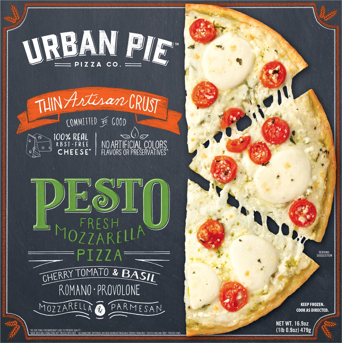 slide 7 of 13, Urban Pie Pizza Co. Thin Artisan Crust Pesto & Fresh Mozzarella Pizza 16.9 oz, 16.9 fl oz