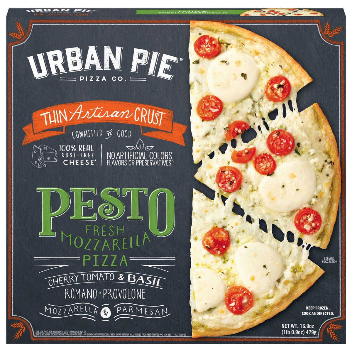 slide 9 of 13, Urban Pie Pizza Co. Thin Artisan Crust Pesto & Fresh Mozzarella Pizza 16.9 oz, 16.9 fl oz