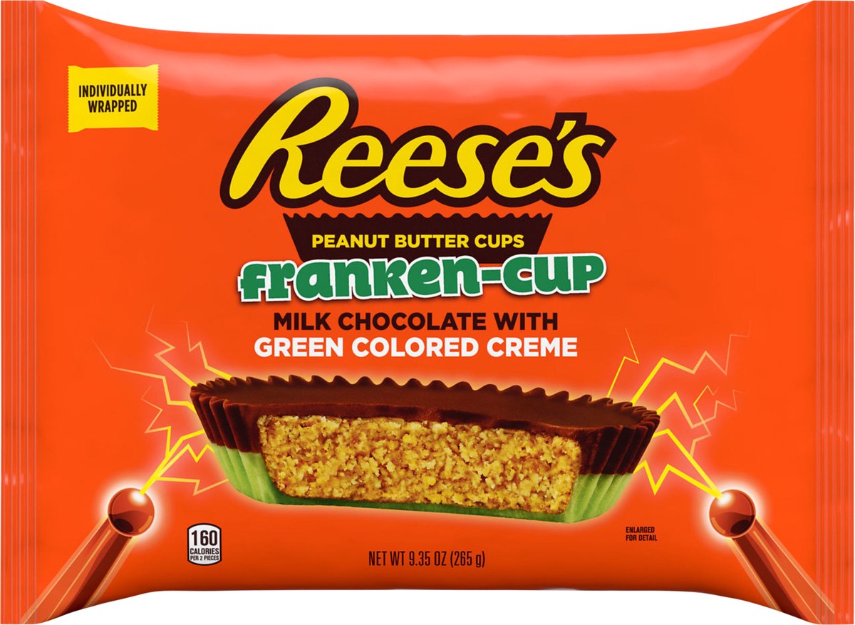 slide 5 of 6, REESE'S Franken-Cup Milk Chocolate Peanut Butter with Green Creme Cups Candy, Halloween, 9.35 oz, Bag, 9.35 oz