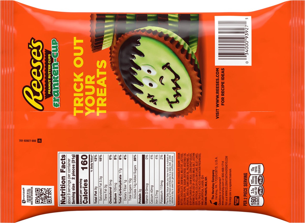 slide 3 of 6, REESE'S Franken-Cup Milk Chocolate Peanut Butter with Green Creme Cups Candy, Halloween, 9.35 oz, Bag, 9.35 oz