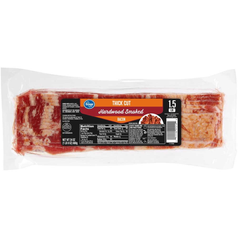 slide 1 of 5, Kroger Hardwood Smoked Thick Cut Bacon, 24 oz