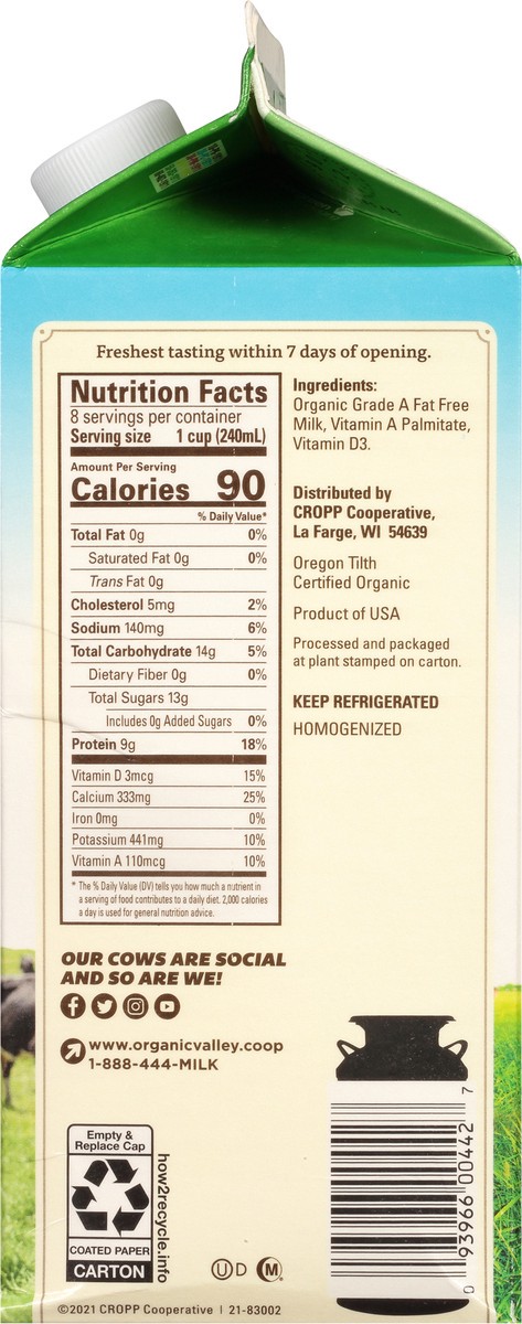 slide 12 of 12, ORGANIC VALLEY Skim (Fat Free) Organic Milk - Ultra Pasteurized, 64 oz, 64 oz