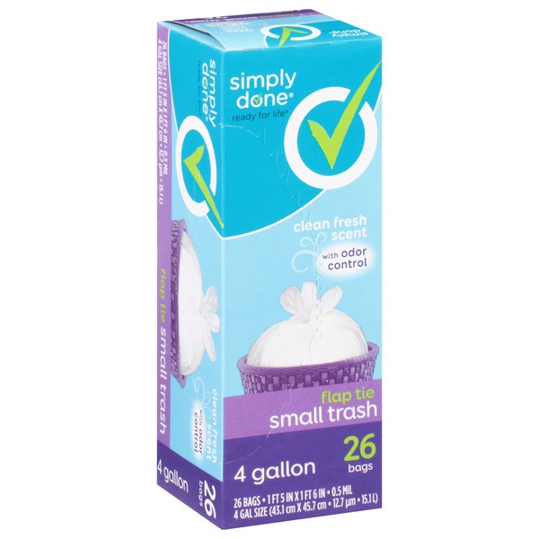 slide 1 of 9, Simply Done 4 Gallon Small Flap Tie Clean Fresh Scent Trash Bag 26 ea, 26 ct