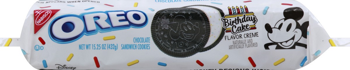 slide 5 of 5, OREO Chocolate Sandwich Cookies, Birthday Cake Flavored Creme, Special Mickey Mouse Edition, 1 Resealable 15.25 oz Pack, 0.99 lb